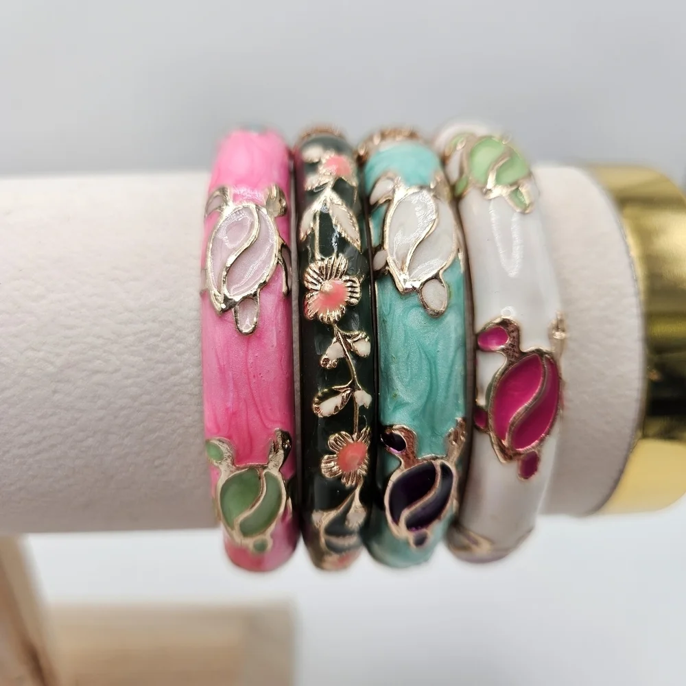 Jiu Long Xing Enamel Turtles & Floral Clamper Bangle Bracelets Small Wrist Child